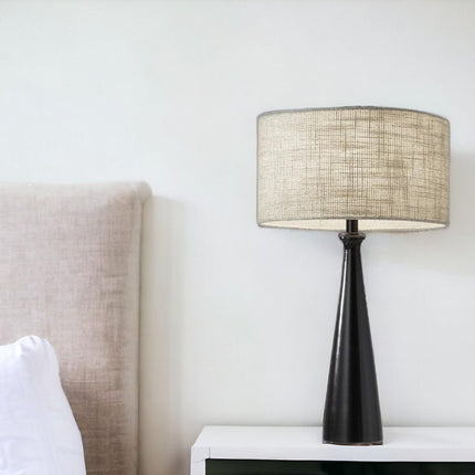 22" Black Metal Geo Triangle Table Lamp With Beige Drum Shade HomeRoots