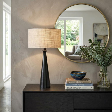 22" Black Metal Geo Triangle Table Lamp With Beige Drum Shade HomeRoots