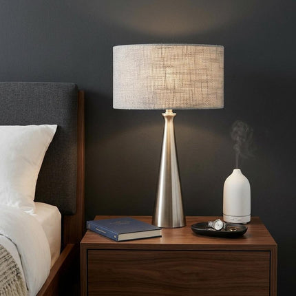 22" Black Metal Geo Triangle Table Lamp With Beige Drum Shade HomeRoots