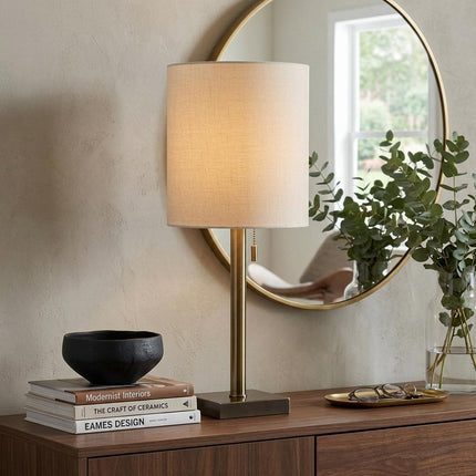 22" Antiqued Brass Metal Cylinder Table Lamp With Off White Drum Shade HomeRoots