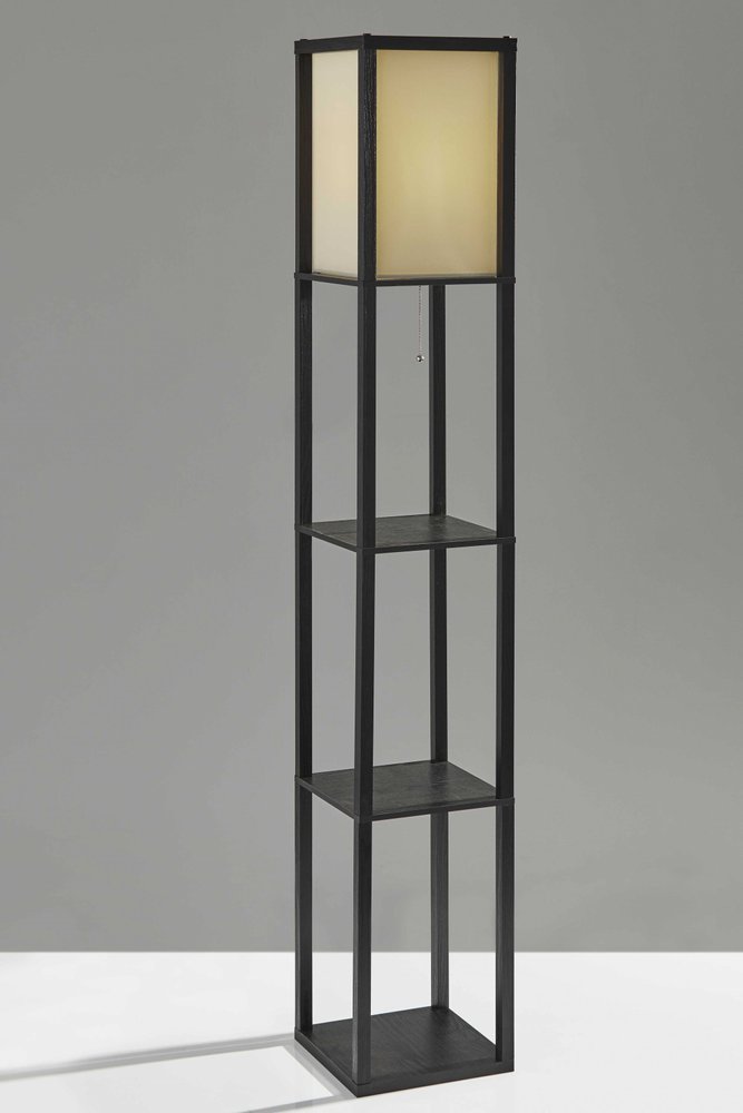 63" Black And White Solid Wood Column Floor Lamp With White Fabric Square Shade