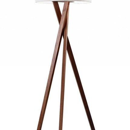 63" Brown And White Solid Wood Tripod Floor Lamp With White Linen Drum Shade
