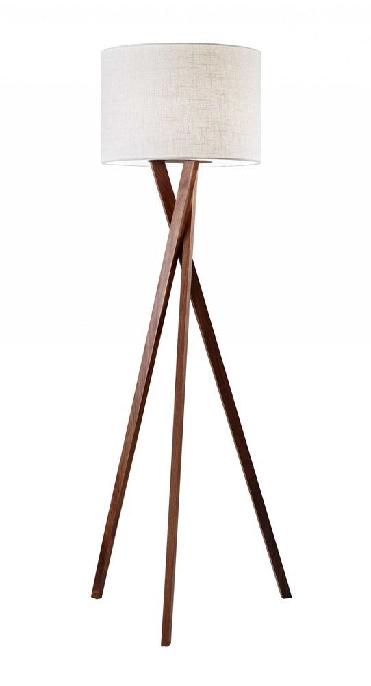 63" Brown And White Solid Wood Tripod Floor Lamp With White Linen Drum Shade