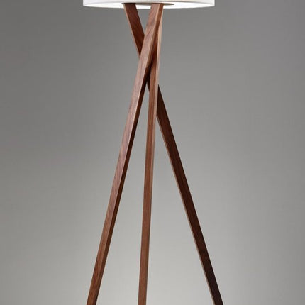 63" Brown And White Solid Wood Tripod Floor Lamp With White Linen Drum Shade