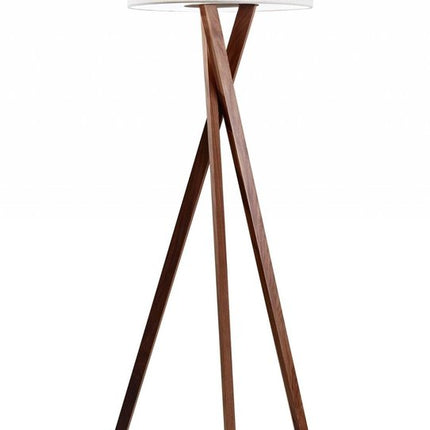 63" Brown And White Solid Wood Tripod Floor Lamp With White Linen Drum Shade