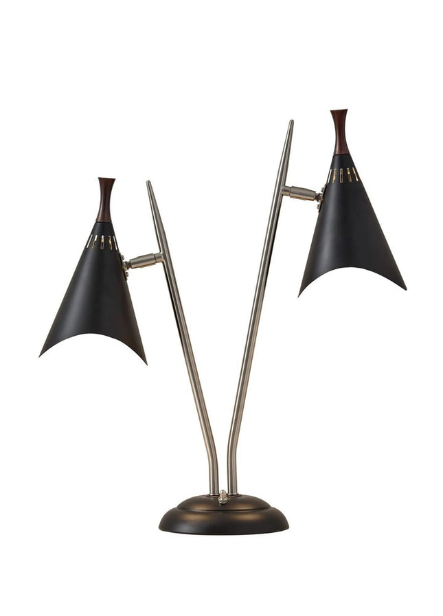 22" Black and Silver Metal Two Light Desk Lamp With Black Cone Shades HomeRoots