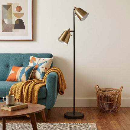 58" Black Two Light Task Floor Lamp With Antiqued Brass Metal Cone Shade HomeRoots