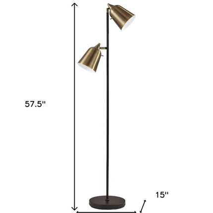 58" Black Two Light Task Floor Lamp With Antiqued Brass Metal Cone Shade HomeRoots