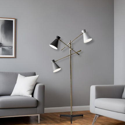 71" Brass Metal Novelty Floor Lamp With Black And White Iron Cone Shade HomeRoots