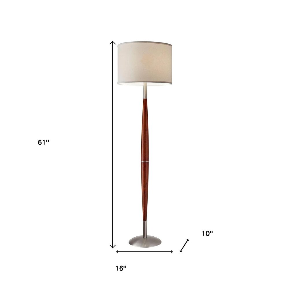 61" Brown And White Solid Wood Floor Lamp With White Fabric Drum Shade