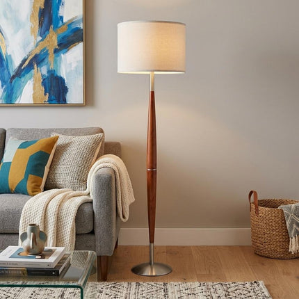 Brown And White Solid Wood Floor Lamp With White Fabric Drum Shade HomeRoots