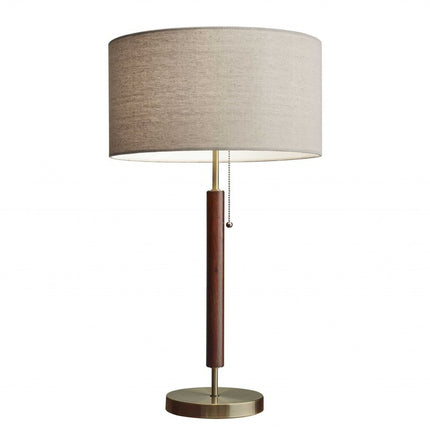 26" Antiqued Brass Solid Wood Table Lamp With Beige Drum Shade HomeRoots