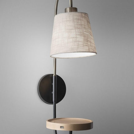 Antique Brass And Black Metal USB Charging Station Wall Lamp With Wood Shelf HomeRoots