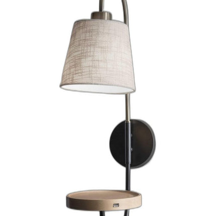 Antique Brass And Black Metal USB Charging Station Wall Lamp With Wood Shelf HomeRoots