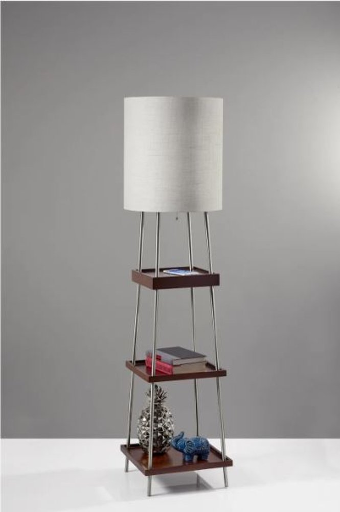 63" Brown And White Column Floor Lamp With White Fabric Drum Shade