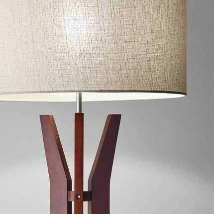 60" Brown And White Solid Wood Tripod Floor Lamp With White Fabric Drum Shade HomeRoots