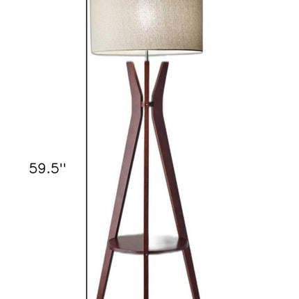 60" Brown And White Solid Wood Tripod Floor Lamp With White Fabric Drum Shade HomeRoots