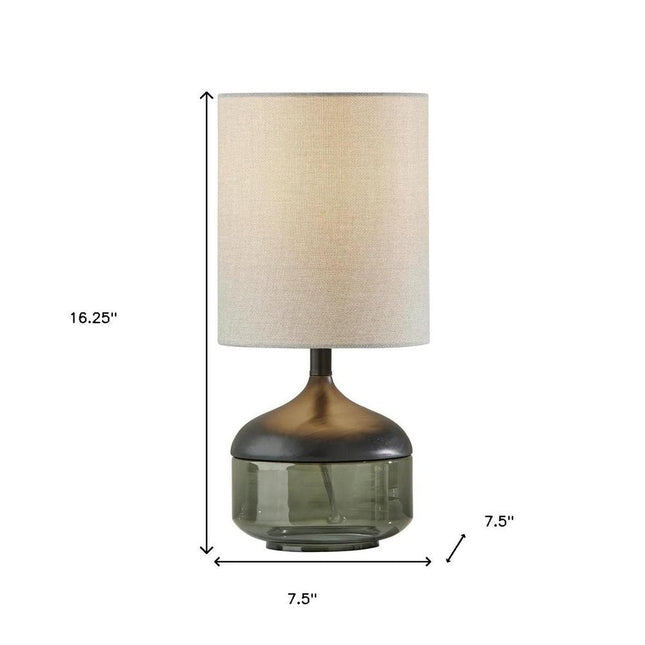 16" Black And Dark Green Wood And Smoked Glass Table Lamp With Beige Drum Shade HomeRoots