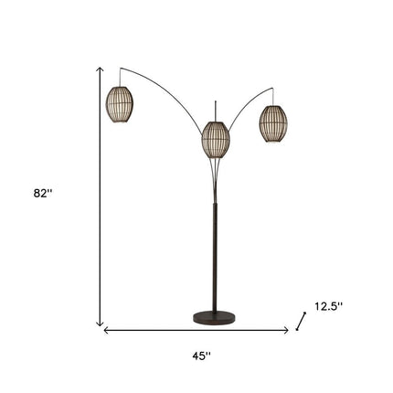 82" Bronze Three Light Tree Floor Lamp With Beige Wicker Cage Shade HomeRoots