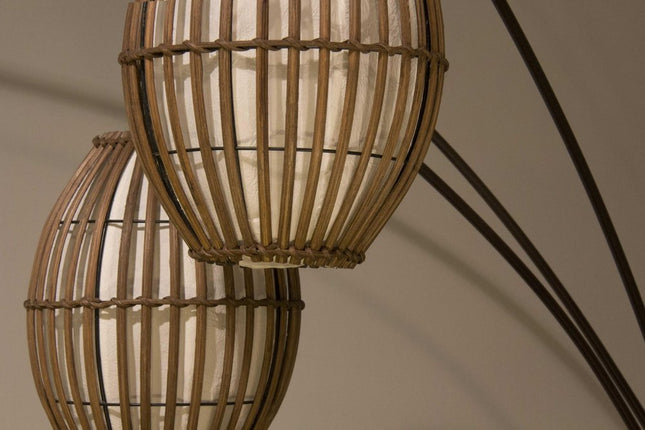 82" Bronze Three Light Tree Floor Lamp With Beige Wicker Cage Shade HomeRoots