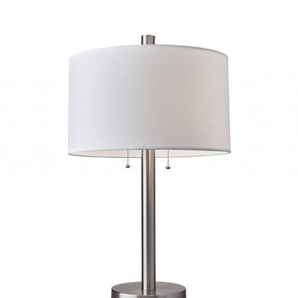 28" Silver Metal Two Light Bedside Table Lamp With White Drum Shade HomeRoots