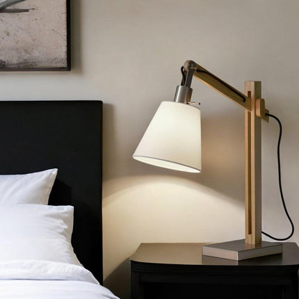 25" Natural Wood Adjustable Height Table Lamp With White Bell Shade HomeRoots