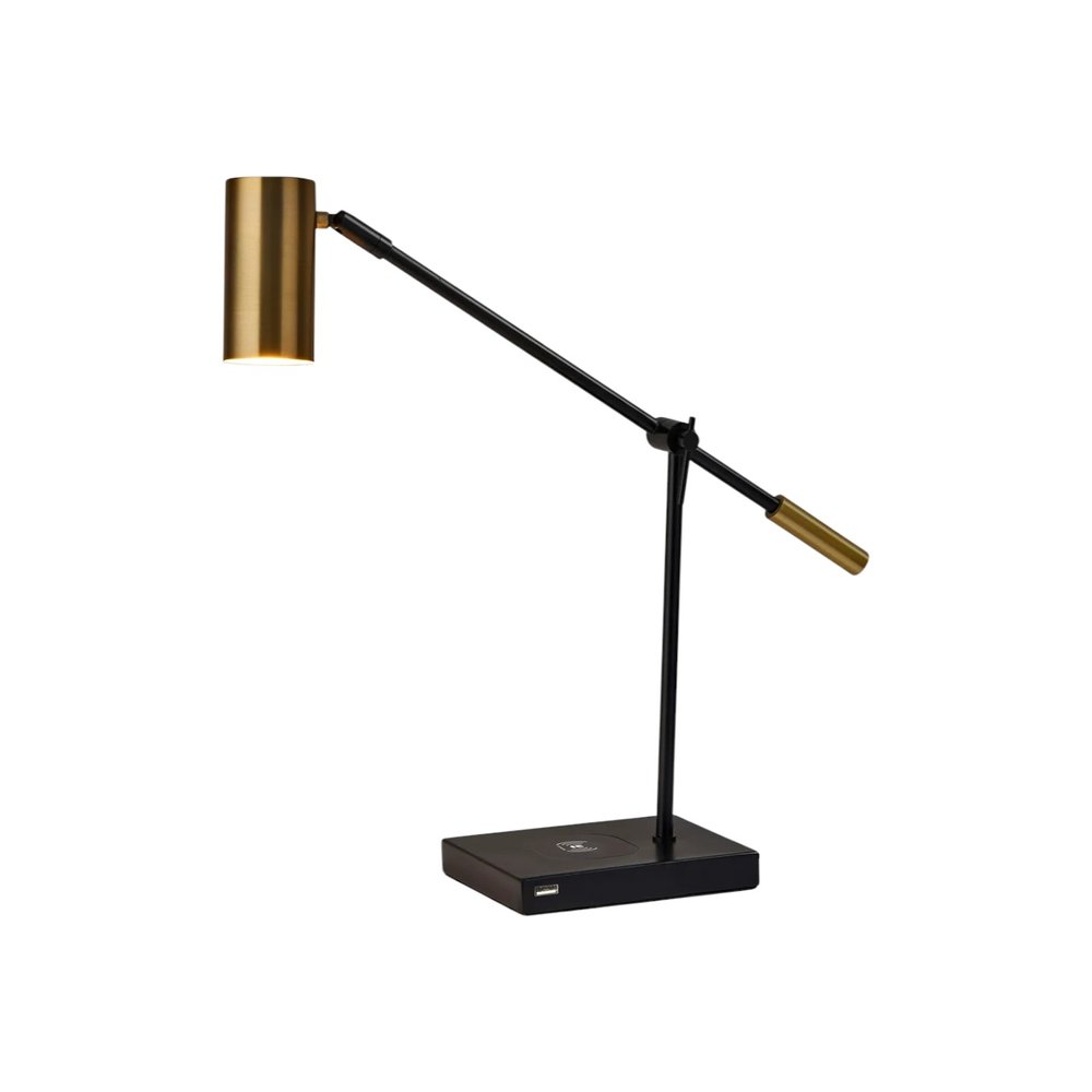 22" Black Metal Swing Arm LED Desk Lamp With USB And Antiqued Gold Cylinder Shade