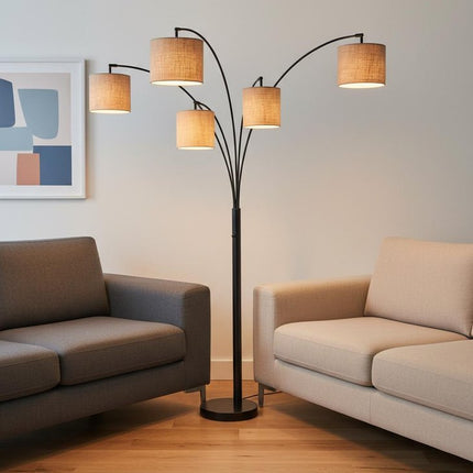 82" Bronze Five Light Tree Floor Lamp With Beige Fabric Drum Shade HomeRoots