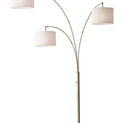 74" Brass Three Light Arc Floor Lamp With Off White Fabric Drum Shade HomeRoots