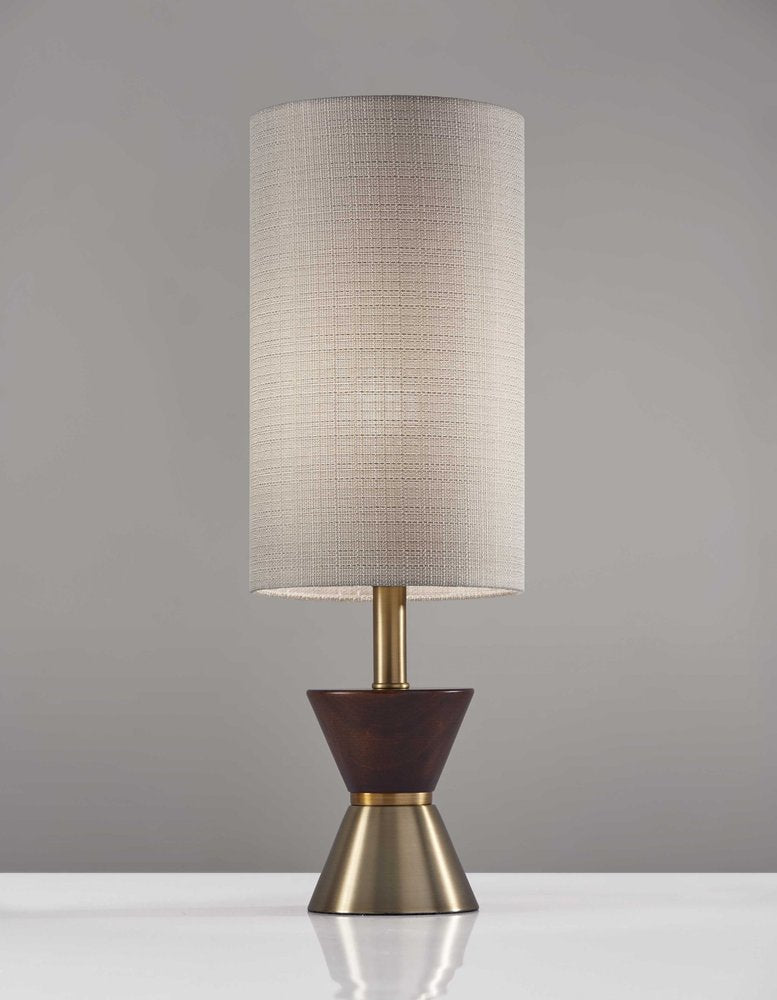 23" Brass Metal And Wood Table Lamp With Beige Drum Shade