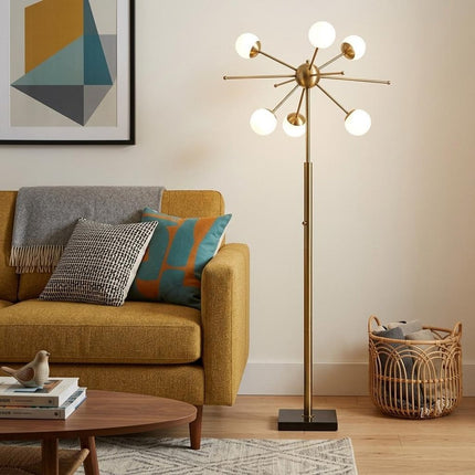 64" Brass Six Light LED Novelty Floor Lamp With White Glass Globe Shades HomeRoots
