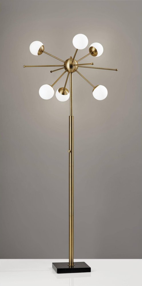 64" Brass Six Light LED Novelty Floor Lamp With White Glass Globe Shades HomeRoots