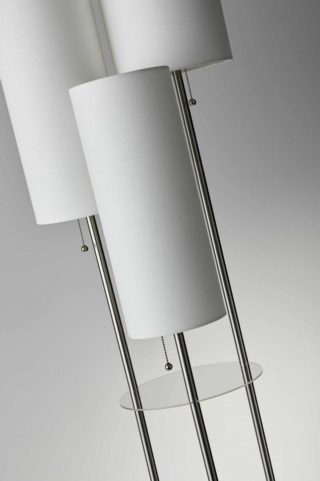68" Silver Three Light Novelty Floor Lamp With White Linen Cylinder Shade