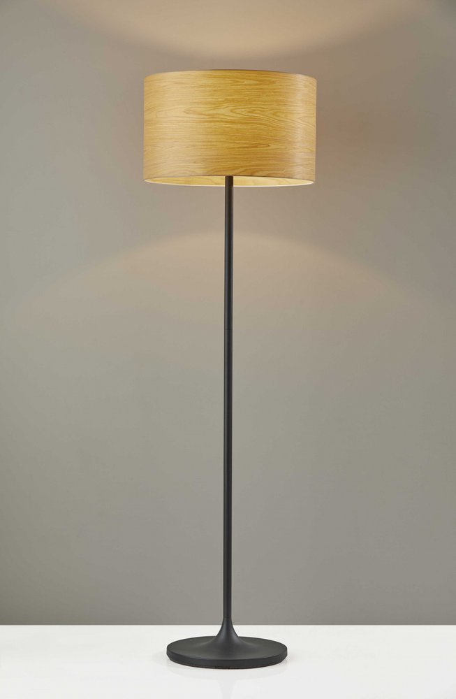 60" Brown And Black Floor Lamp With Brown Veneer Drum Shade