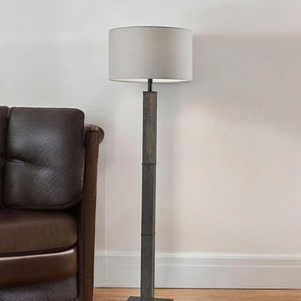 62" Black Wood And Metal Floor Lamp With Light Gray Fabric Drum Shade HomeRoots