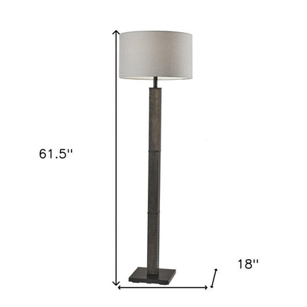 62" Black Wood And Metal Floor Lamp With Light Gray Fabric Drum Shade HomeRoots