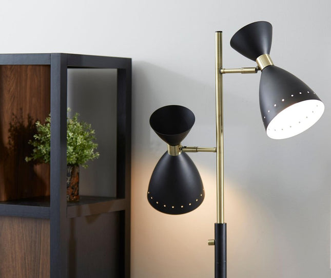 68" Black And Gold Metal Two Light Task Floor Lamp With Black Metal Cone Shade HomeRoots