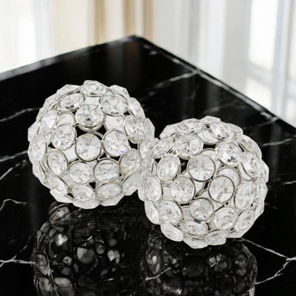 Set of Two Silver And Clear Faux Crystal And Metal Orb Decorative Tabletop Sculptures