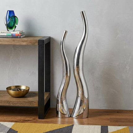 Set of Two Silver Aluminum Squiggly Vases HomeRoots