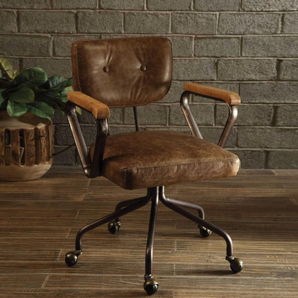 Brown and Black Swivel Faux Leather Rolling Office Chair