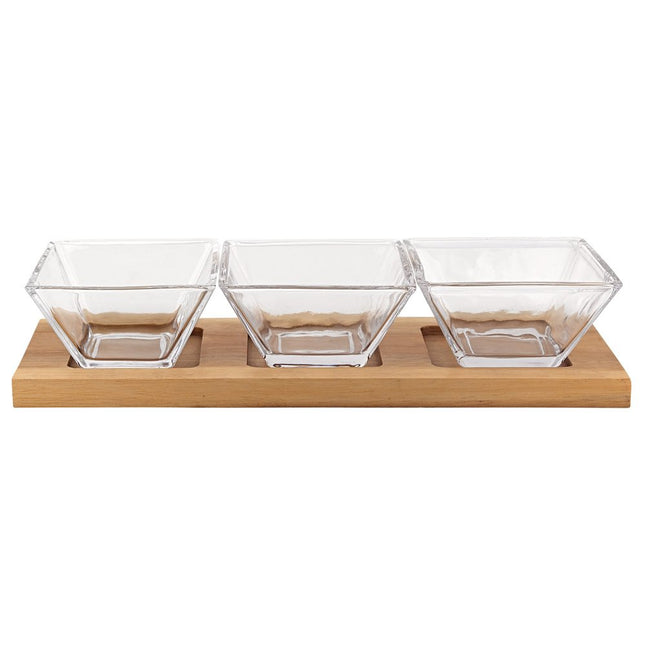 Four Piece Clear And Natural Crystal And Solid Wood Condiment Server HomeRoots