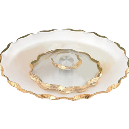 13" Clear and Gold Round Glass Hand Finished Lazy Susan HomeRoots