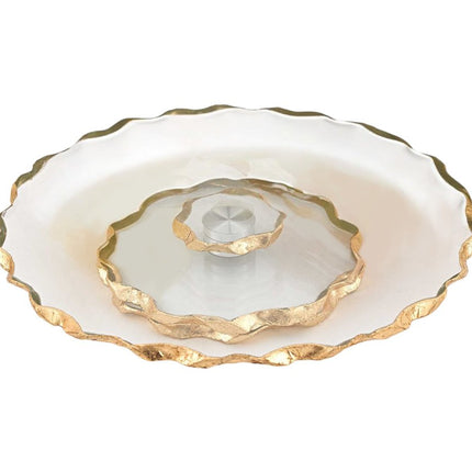 13" Clear and Gold Round Glass Hand Finished Lazy Susan HomeRoots