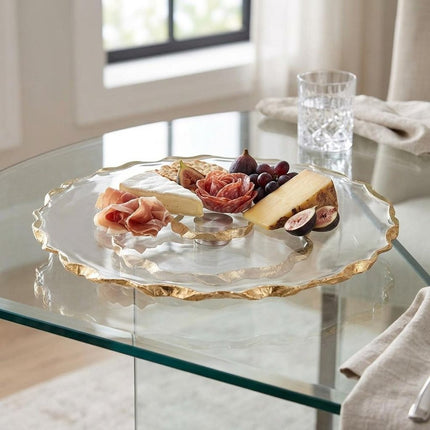 13" Clear and Gold Round Glass Hand Finished Lazy Susan HomeRoots