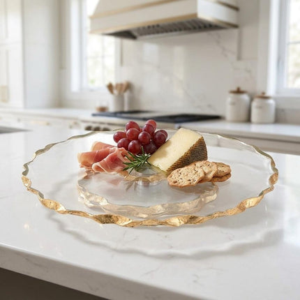 13" Clear and Gold Round Glass Hand Finished Lazy Susan HomeRoots