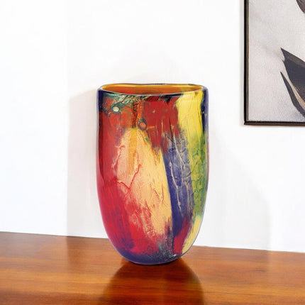 11"  Red Purple And Yellow Abstract Oval Murano Glass Table Vase HomeRoots