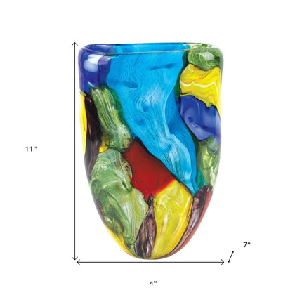 11" Blue Green Red And Yellow Cylinder Murano Glass Table Vase HomeRoots