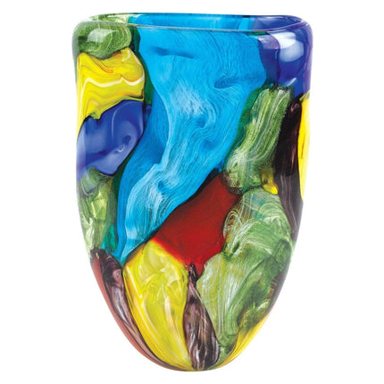 11" Blue Green Red And Yellow Cylinder Murano Glass Table Vase HomeRoots