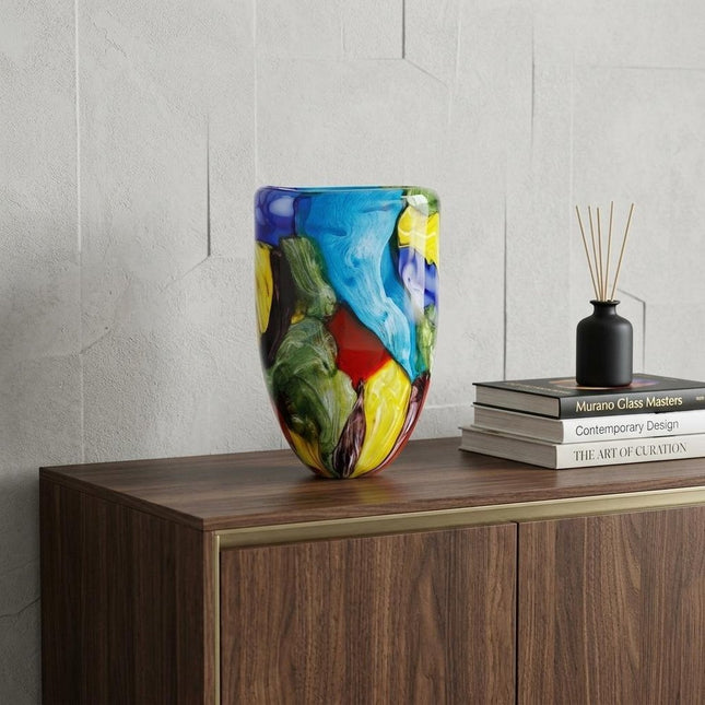 11" Blue Green Red And Yellow Cylinder Murano Glass Table Vase HomeRoots