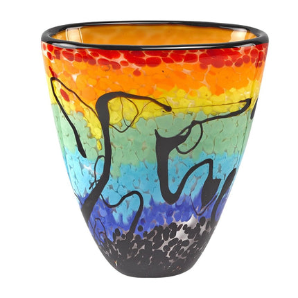 8" Red Orange Blue And Black Blue Abstract Oval Murano Glass Table Vase HomeRoots